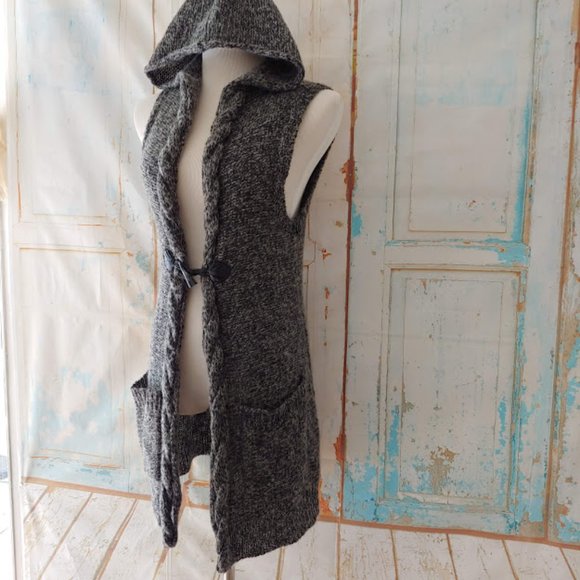 Sarah Spencer wool mohair pocket hood sleeveless cardigan duster sweater/S/gray - Picture 12 of 14